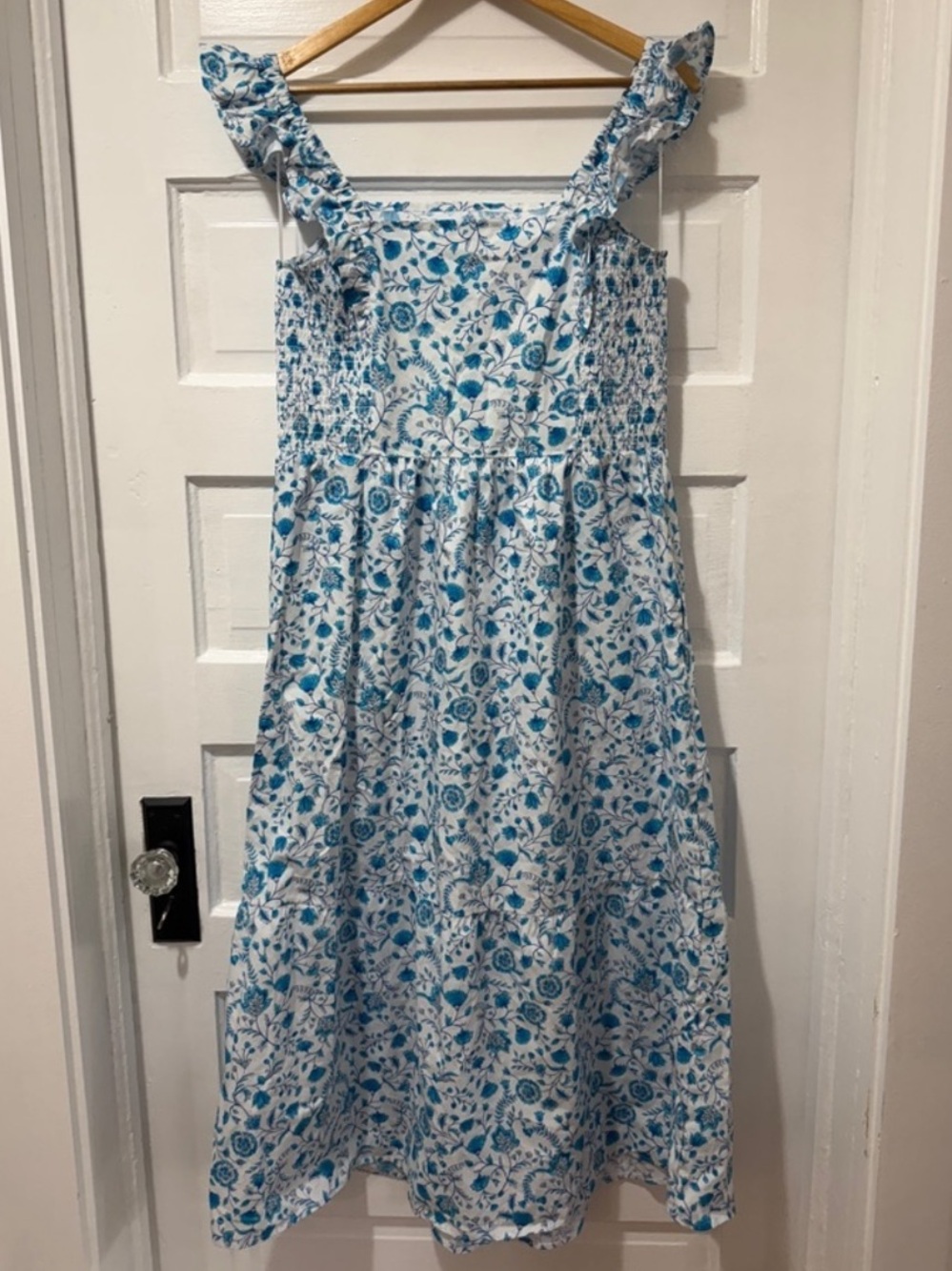 Draper James Carrie Smocked Floral Midi Dress Blue White Flowers- Cotton Pockets